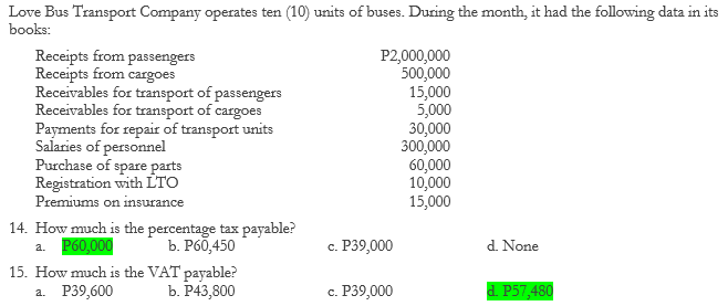 Love Bus Transport Company operates ten (10) units of buses. During the month, it had the following data in itsbooks:Receip
