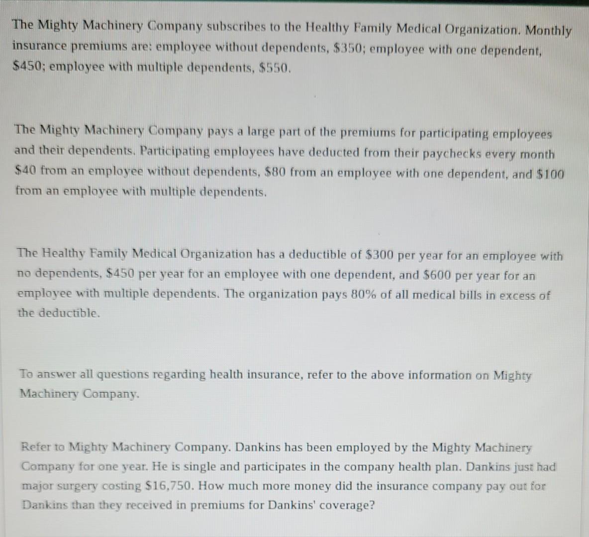 The Mighty Machinery Company subscribes to the Healthy Family Medical Organization. Monthlyinsurance premiums are: employee