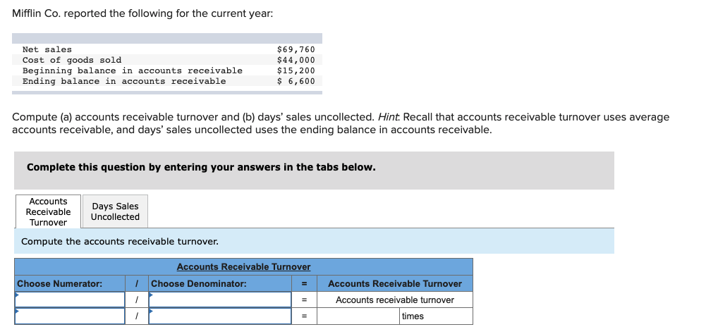 Mifflin Co. reported the following for the current year:Net salesCost of goods soldBeginning balance in accounts receivabl