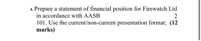 are4. Prepare a statement of financial position for Firewatch Ltdin accordance with AASB2101. Use the current/non-current