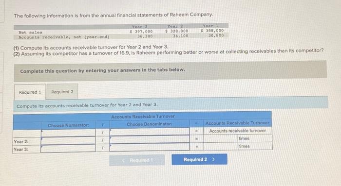 The following Information is from the annual financial statements of Raheem CompanyYearYear 2Year 1Not sales$ 397,000 $
