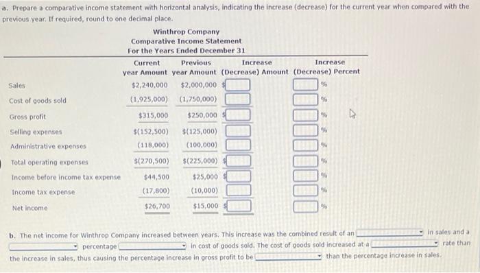 a. Prepare a comparative income statement with horizontal analysis, indicating the increase (decrease) for the current year w