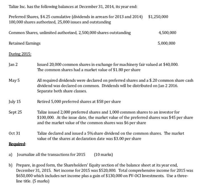 Talize Inc. has the following balances at December 31, 2014, its year end: Preferred Shares, $4.25 cumulative (dividends in a