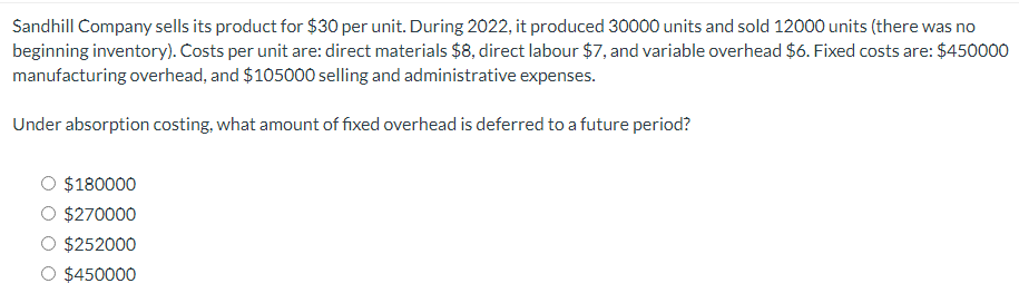 Sandhill Company sells its product for $30 per unit. During 2022, it produced 30000 units and sold 12000 units (there was no