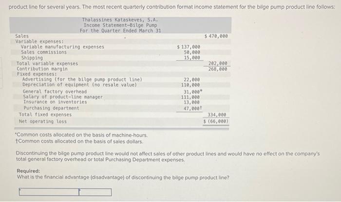 product line for several years. The most recent quarterly contribution format income statement for the bilge pump product lin