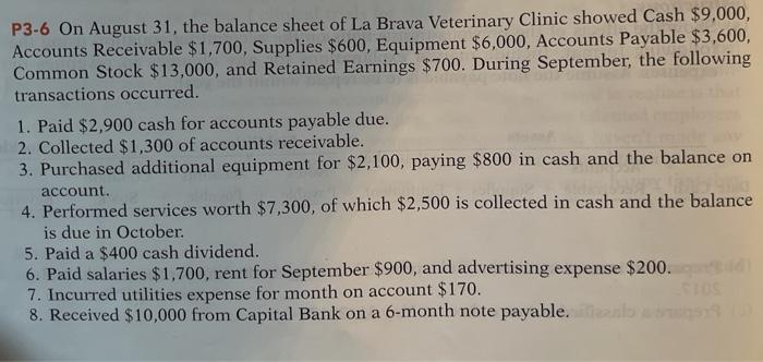 P3-6 On August 31, the balance sheet of La Brava Veterinary Clinic showed Cash $9,000,Accounts Receivable $1,700, Supplies $
