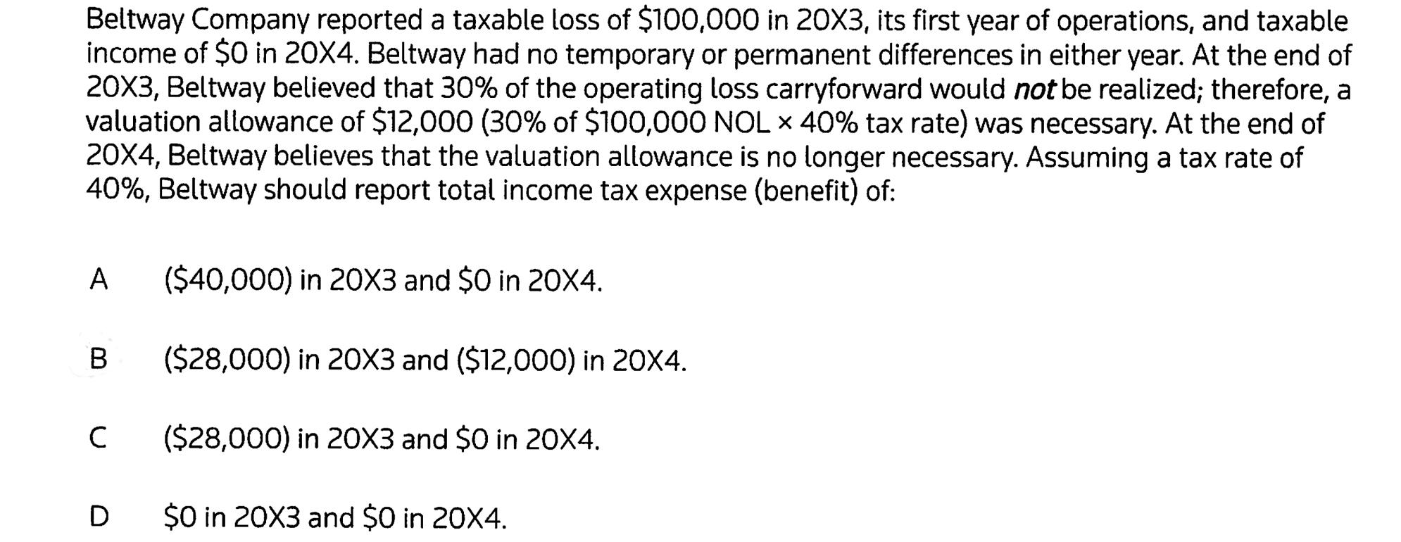 Beltway Company reported a taxable loss of $100,000 in 20X3, its first year of operations, and taxableincome of $0 in 20X4.