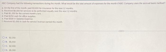 ABC Company had the following transactions during the month. What would be the total amount of expenses for the month | ABC C