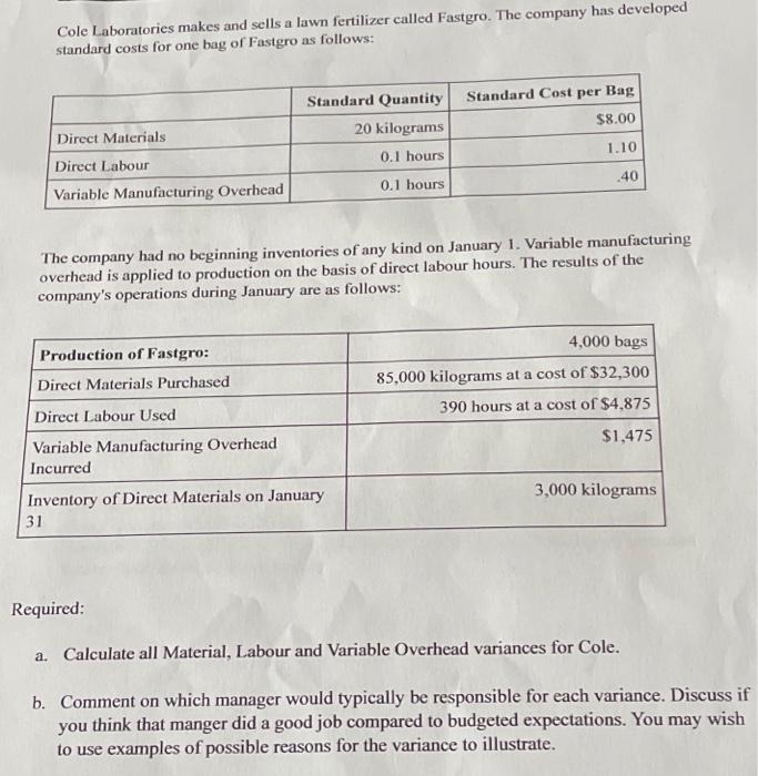 Cole Laboratories makes and sells a lawn fertilizer called Fastgro. The company has developedstandard costs for one bag of F