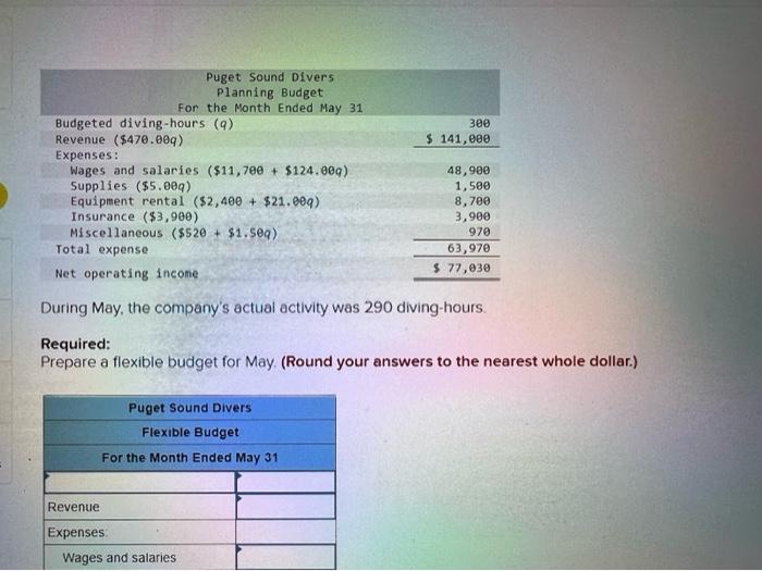 300$ 141 , ??? .Puget Sound DiversPlanning BudgetFor the Month Ended May 31Budgeted diving-hours (9)Revenue ($470.009)
