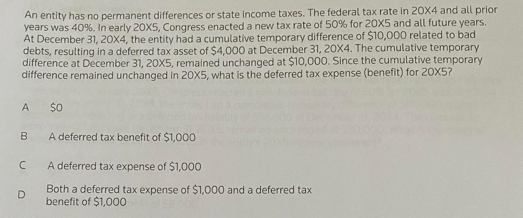 An entity has no permanent differences or state income taxes. The federal tax rate in 20X4 and all prioryears was 40%. In ea