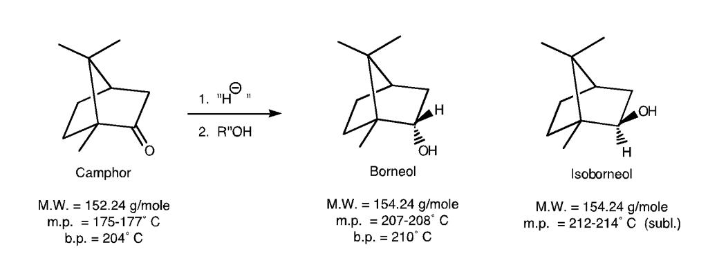 OH 2. ROH OH Camphor Borneol Isoborneol M.W. = 152.24 g/mole m.p. = 175-177 C b.p. = 204C M.W. = 154.24 g/mole m.p. 207-208. C b.p. = 210° C M.W 154.24 g/mole Su