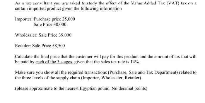 As a tax consultant you are asked to study the effect of the Value Added Tax (VAT) tax on acertain imported product given th