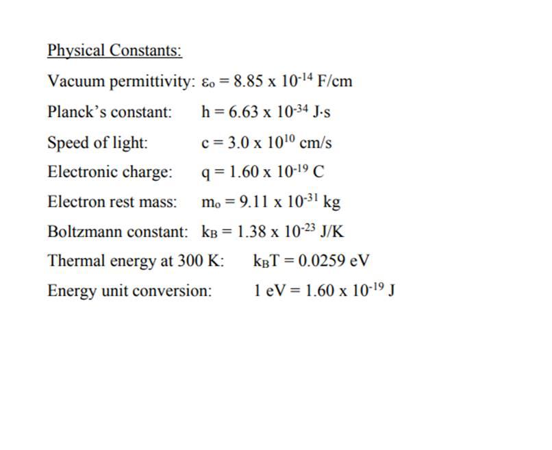 Physical Constants: Vacuum permittivity: &o=8.85 x 10-14 F/cm Planck's constant: h = 6.63 x 10-34 J-s c = 3.0
