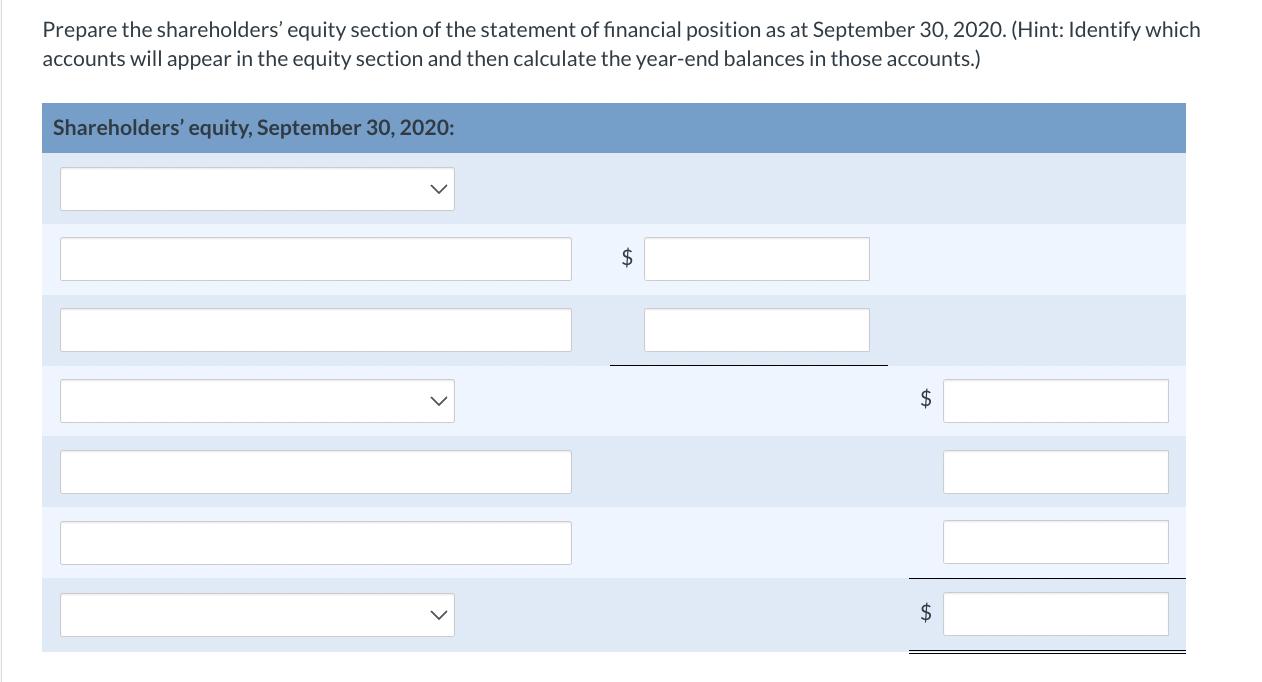 Prepare the shareholders equity section of the statement of financial position as at September 30, 2020. (Hint: Identify whi