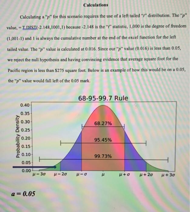 Calculations Calculating a p for this scenario requires the use of a left tailed r distribution. The p value, - TDIST(-