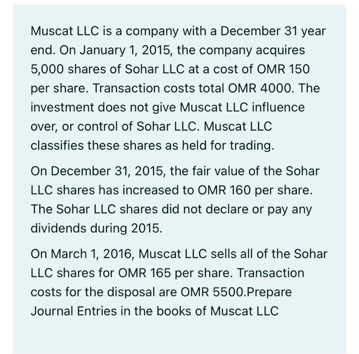 Muscat LLC is a company with a December 31 yearend. On January 1, 2015, the company acquires5,000 shares of Sohar LLC at a