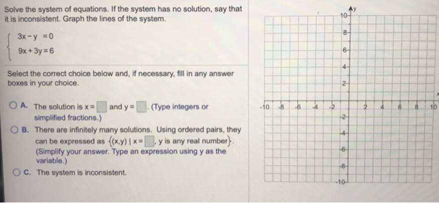 Solve the system of equations. If the system has no solution, say thatit is inconsistent. Graph the lines of the system.8-