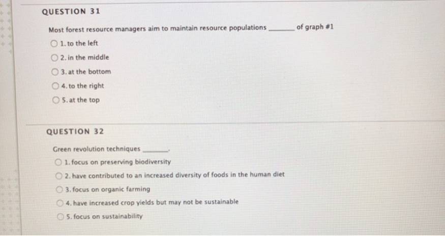 QUESTION 31 Most forest resource managers aim to maintain resource populations 1. to the left O2. in the