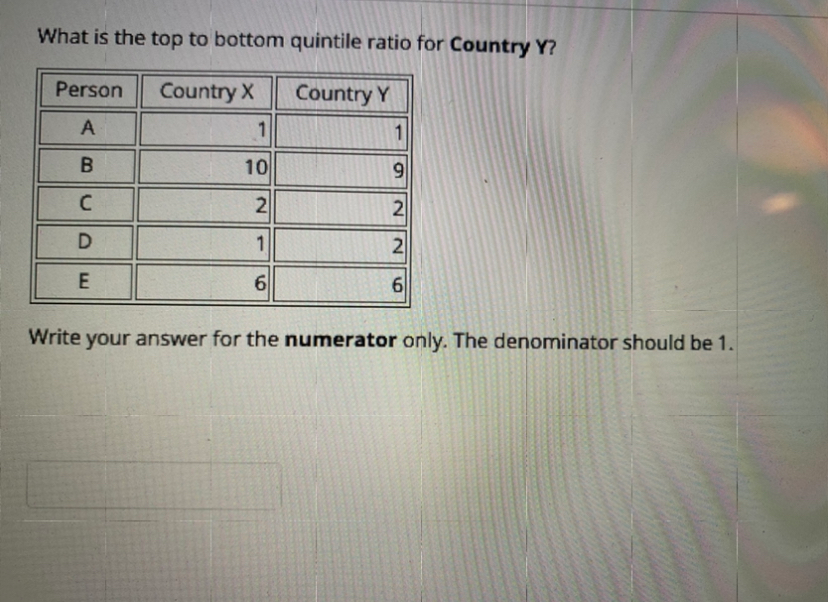 What is the top to bottom quintile ratio for Country Y?PersonCountry YCountry X1?1B1019?2.2D12.E66Write yo
