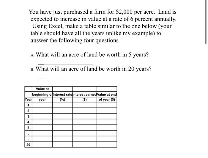 You have just purchased a farm for $2,000 per acre. Land isexpected to increase in value at a rate of 6 percent annually.Us