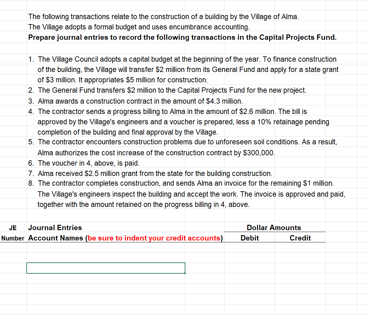 The following transactions relate to the construction of a building by the Village of Alma.The Village adopts a formal budge