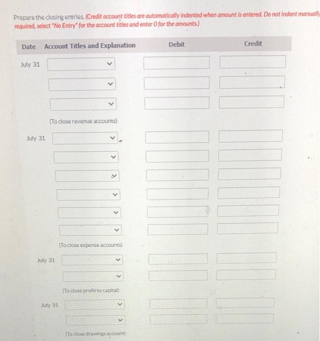 Prepare the closing entries. (Credit account titles are automatically indented when amount is entered. Do not indent manually