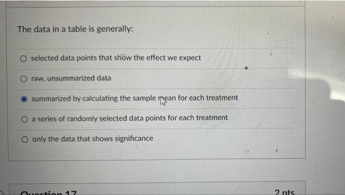 The data in a table is generally:O selected data points that show the effect we expectO raw, unsummarized datasummarized b