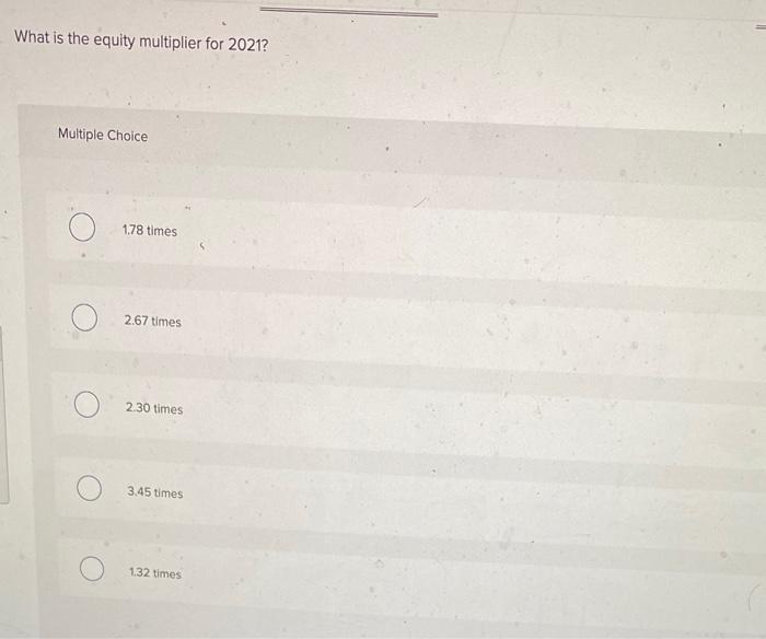 What is the equity multiplier for 2021?Multiple Choice1.78 times2.67 times2.30 times3.45 times132 times