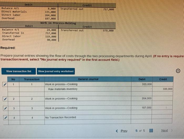 757,000DebitBalance 4/1Direct materialsDirect laborOverheadCredit8,000 Transferred out335,000264,000187,000Work in