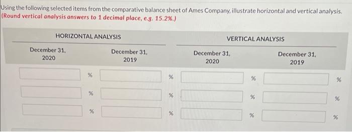 Using the following selected items from the comparative balance sheet of Ames Company, illustrate horizontal and vertical ana