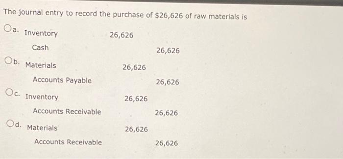 The journal entry to record the purchase of $26,626 of raw materials isOa.InventoryCash26,62626,626Ob.MaterialsAccoun