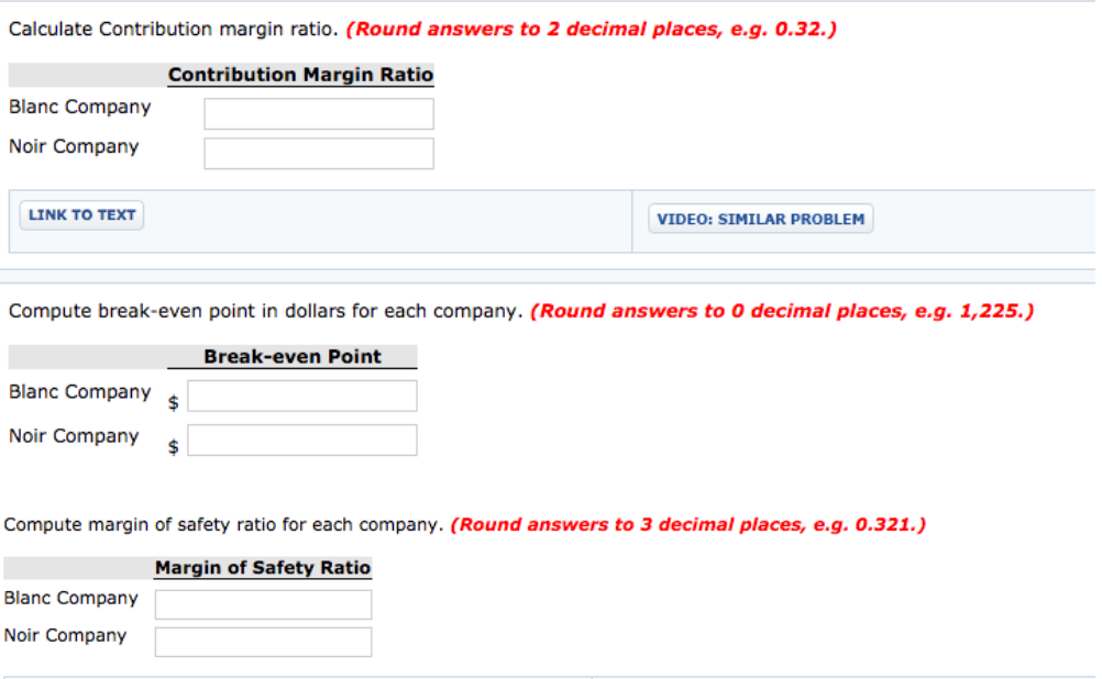 Calculate Contribution margin ratio. (Round answers to 2 decimal places, e.g. 0.32.)Contribution Margin RatioBlanc Company