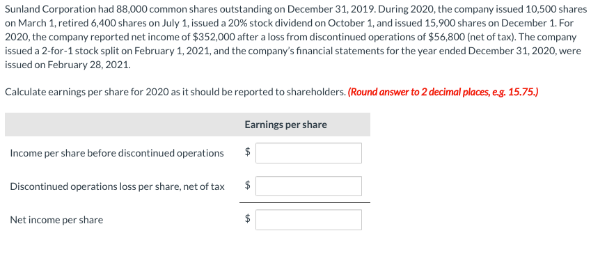 Sunland Corporation had 88,000 common shares outstanding on December 31, 2019. During 2020, the company issued 10,500 shares