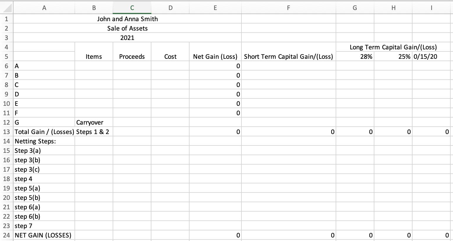 A Bс DE FG H1 1John and Anna Smith Sale of Assets 2021 23 45 6 A 7 B 8 C Long Term Capital Gain/(Loss) 28% 25% 0/15/20