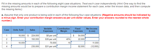 Fill in the missing amounts in each of the following eight case situations. Treat each case independently. (Hint: One way to