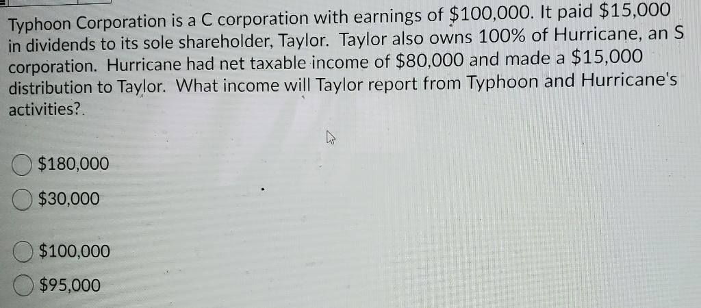 Typhoon Corporation is a C corporation with earnings of $100,000. It paid $15,000in dividends to its sole shareholder, Taylo