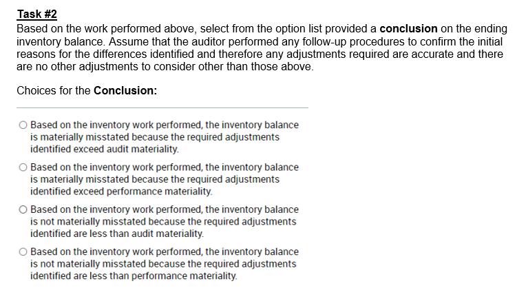 Task #2 Based on the work performed above, select from the option list provided a conclusion on the ending inventory balance.