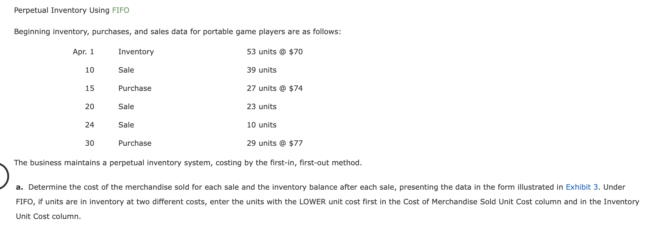 Perpetual Inventory Using FIFOBeginning inventory, purchases, and sales data for portable game players are as follows:Apr.
