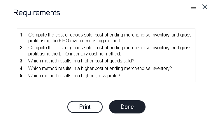 ?Requirements1. Compute the cost of goods sold, cost of ending merchandise inventory, and grossprofit using the FIFO inven