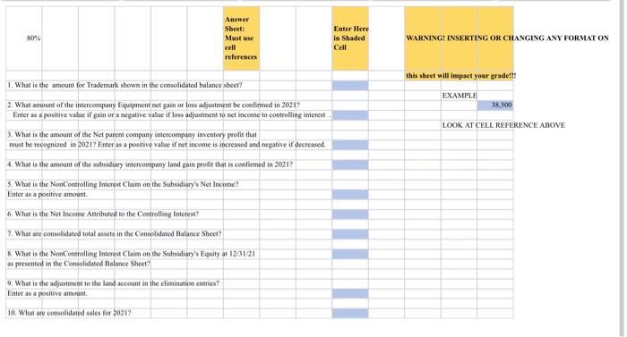 Answer Sheet: Must use 80% Enter Here In Shaded Cell WARNING: INSERTING OR CHANGING ANY FORMAT ON cell references this sheet