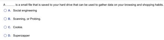 ........ is a small file that is saved to your hard drive that can be used to gather data on your browsing and shopping habit
