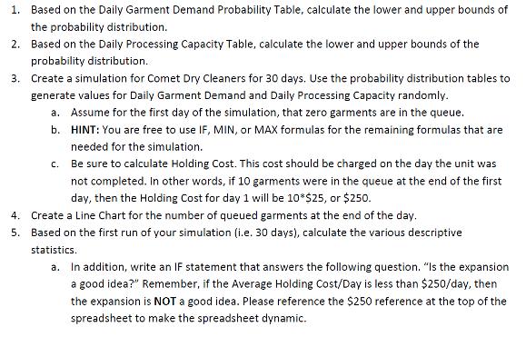 1. Based on the Daily Garment Demand Probability Table, calculate the lower and upper bounds of the