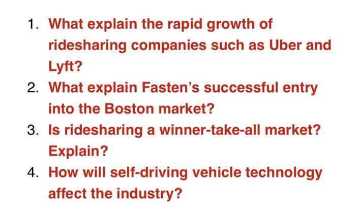 1. What explain the rapid growth of ridesharing companies such as Uber and Lyft? 2. What explain Fastens successful entry in