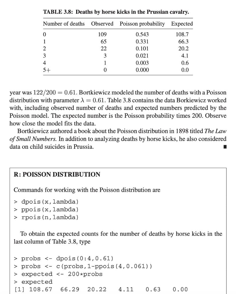 TABLE 3.8: Deaths by horse kicks in the Prussian cavalry. Number of deaths Observed Poisson probability 109