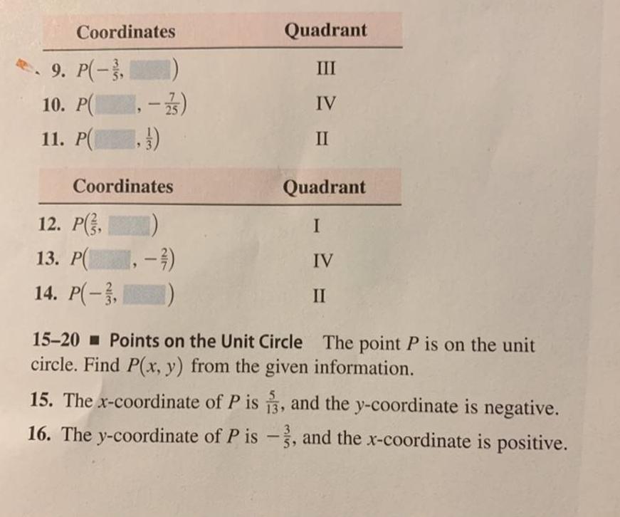Coordinates 9. P(-3, 10. P(-2) 11. P(,) Coordinates 12. P(3, 13. P(, -) 14. P(-3,) Quadrant III IV II