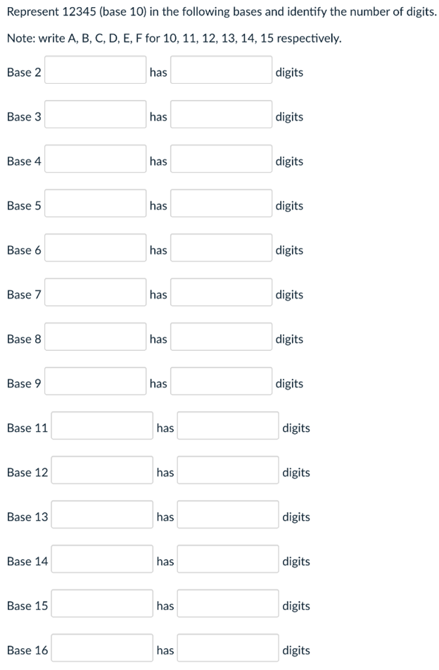 Represent 12345 (base 10) in the following bases and identify the number of digits.Note: write A, B, C, D, E, F for 10, 11,