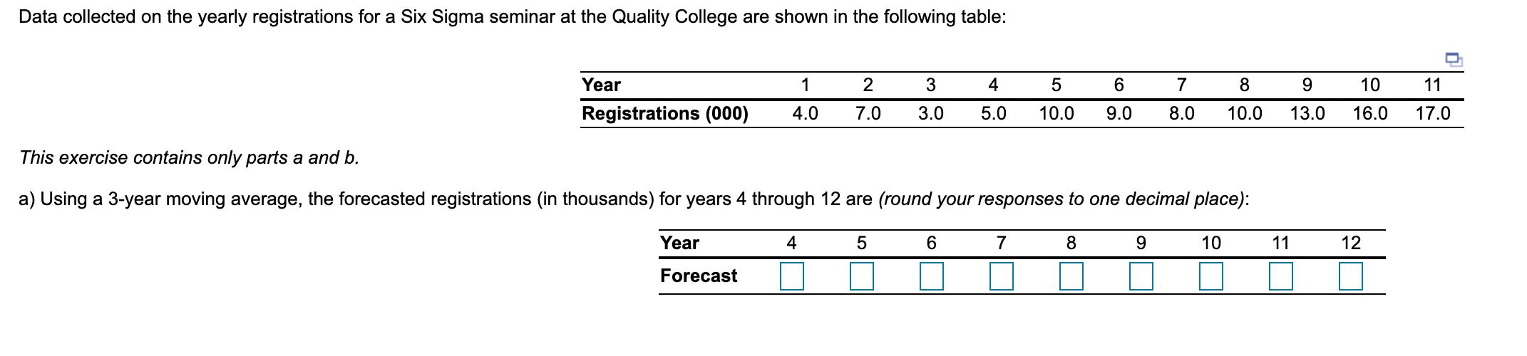 Data collected on the yearly registrations for a Six Sigma seminar at the Quality College are shown in the following table:Y