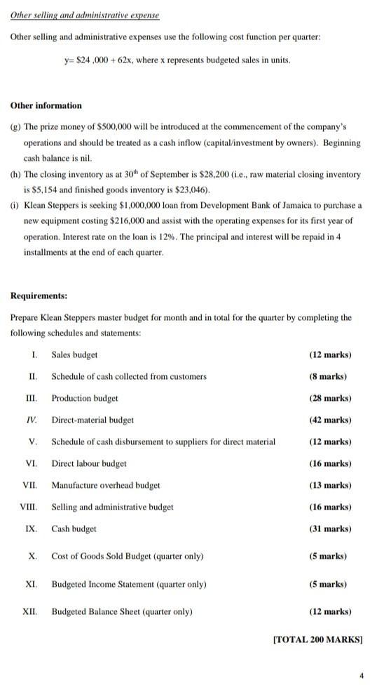Other selling and administrative expense Other selling and administrative expenses use the following cost function per quarte