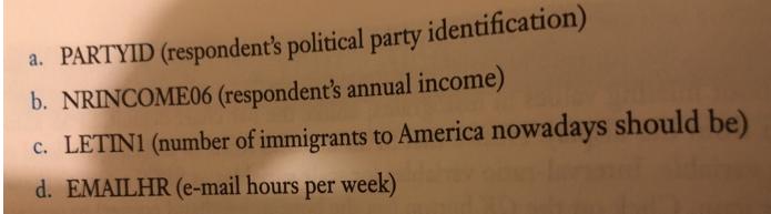 political party identification) b. NRINCOMEO6 (respondent's annual income) c. LETIN1 (number of